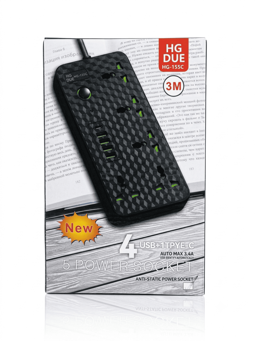 توصيلة كهربائية ذكية بـ 5 منافذ مع منافذ USB و Type-C (HG DUE Anti-Static Power Socket - Model: HG-155C)